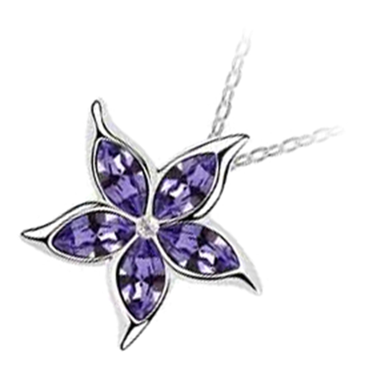 18K White Gold Coated Sea Star Flower Pendant Necklace with 5 Sparkling Crystals