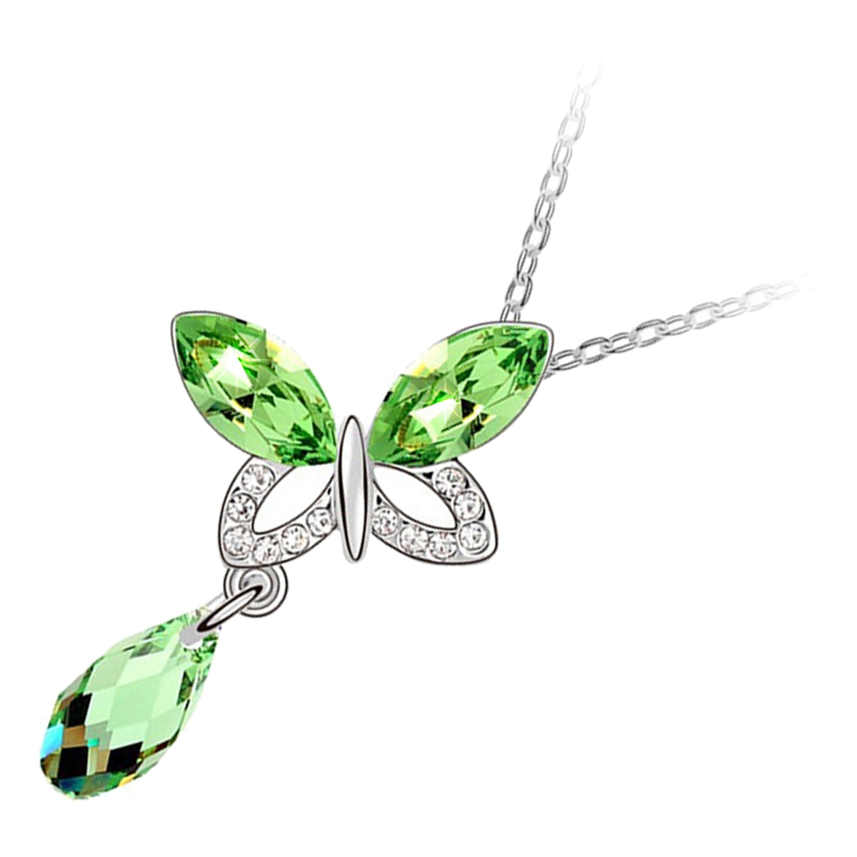 18K White Gold Coated Butterfly Pendant Necklace with Crystal Wings and Teardrop Stone