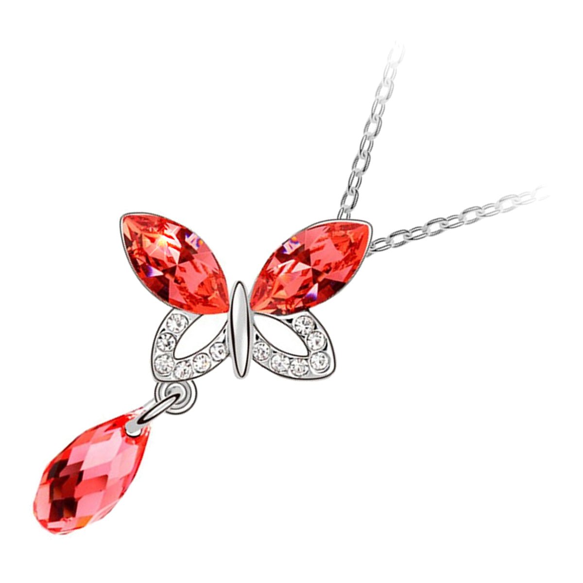 18K White Gold Coated Butterfly Pendant Necklace with Crystal Wings and Teardrop Stone