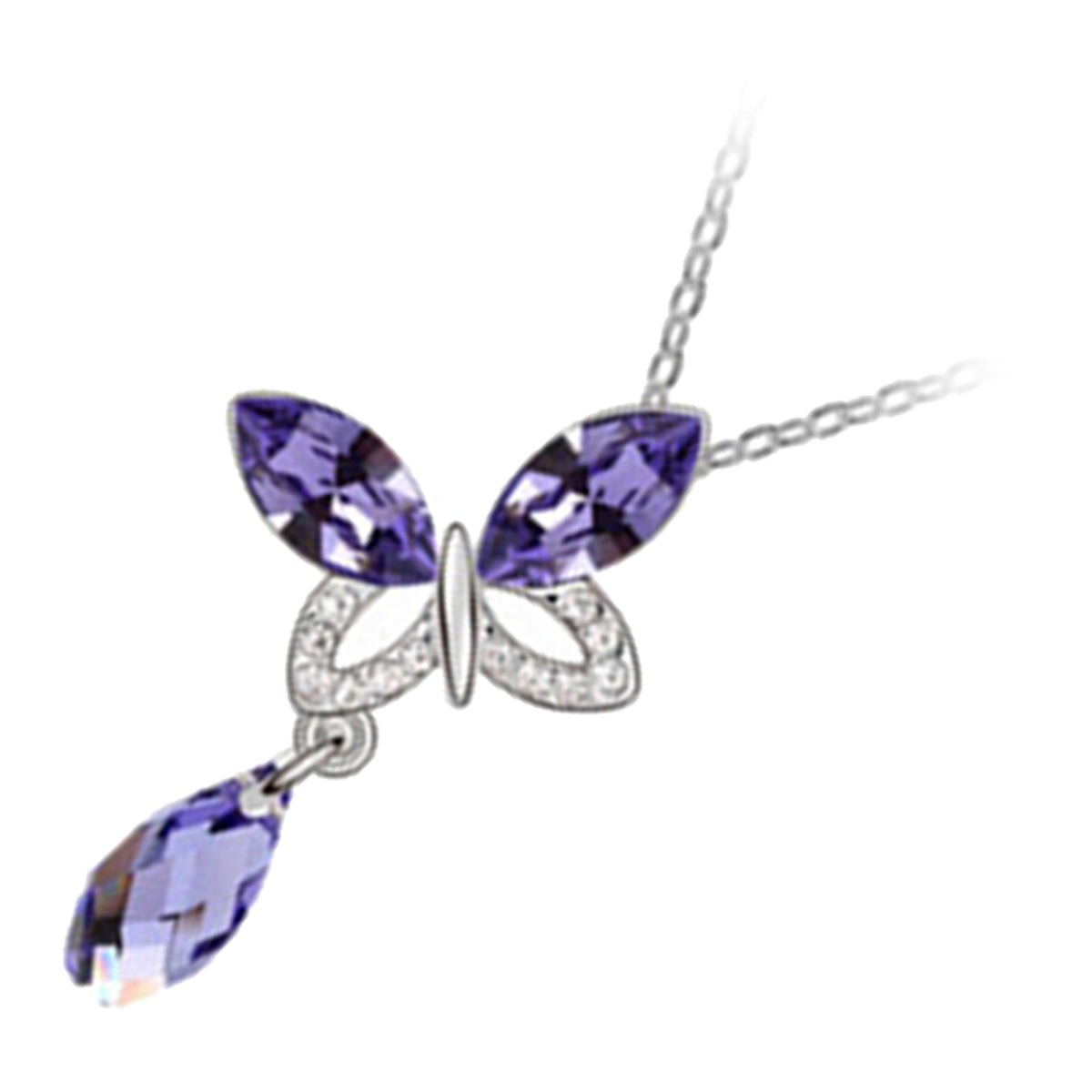 18K White Gold Coated Butterfly Pendant Necklace with Crystal Wings and Teardrop Stone