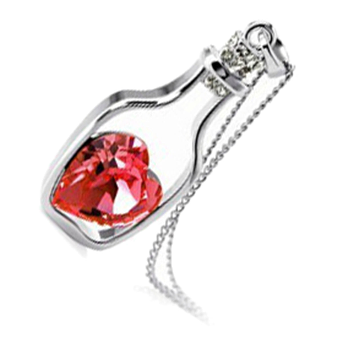 18K White Gold Coated Heart Shaped Crystal Wish Bottle Pendant Necklace