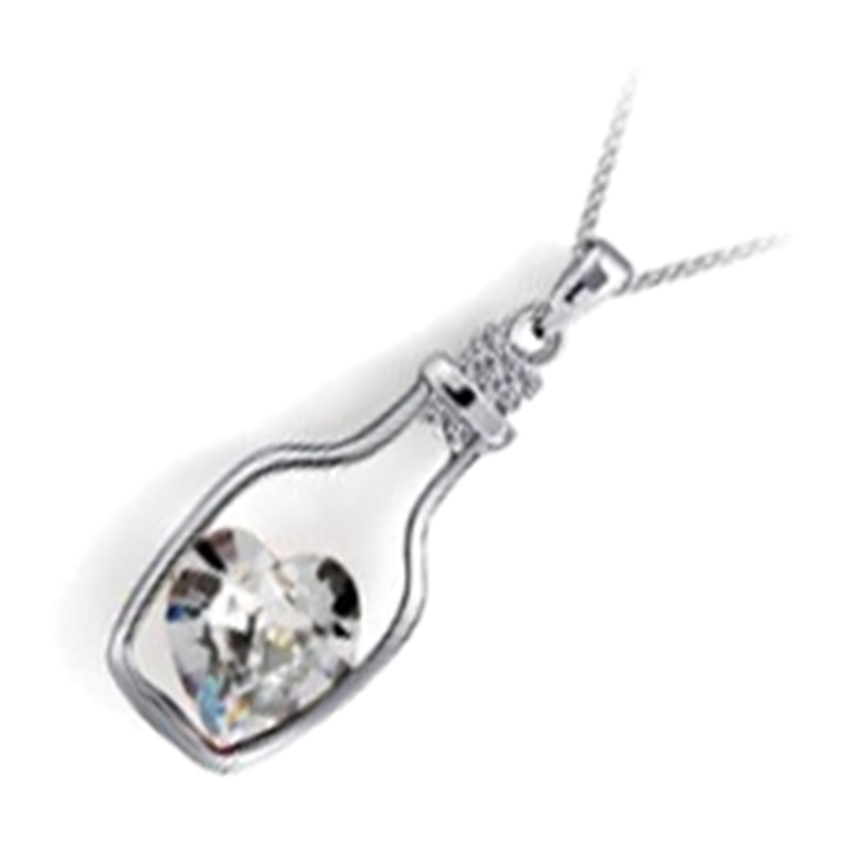 18K White Gold Coated Heart Shaped Crystal Wish Bottle Pendant Necklace