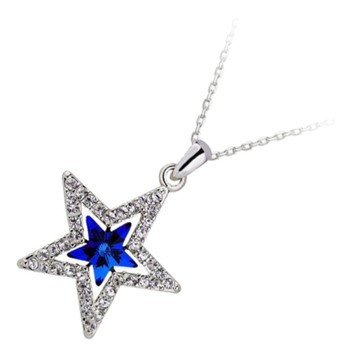 18K White Gold Coated Pendant Necklace with Star Central Stone Embellished with White Crystals