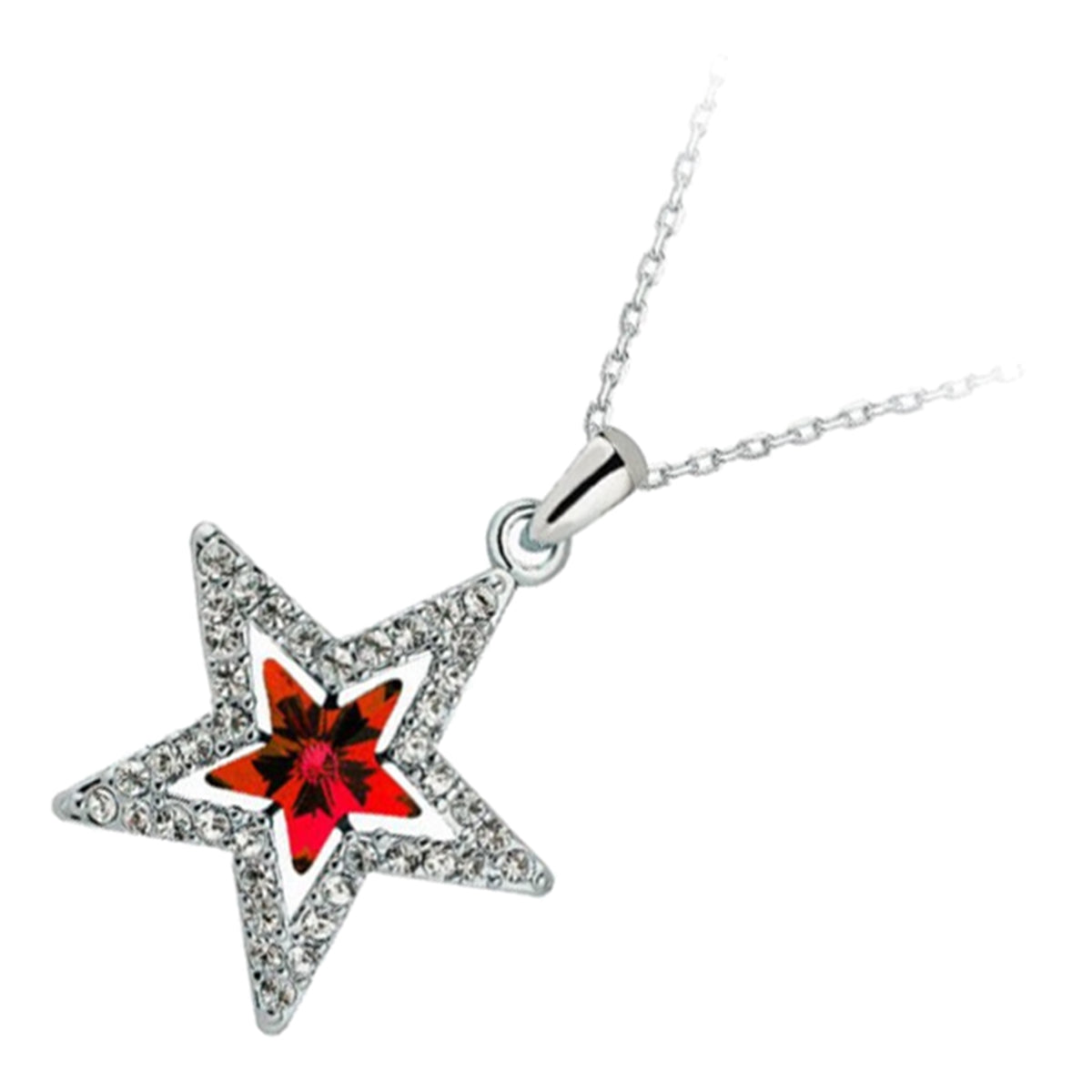 18K White Gold Coated Pendant Necklace with Star Central Stone Embellished with White Crystals