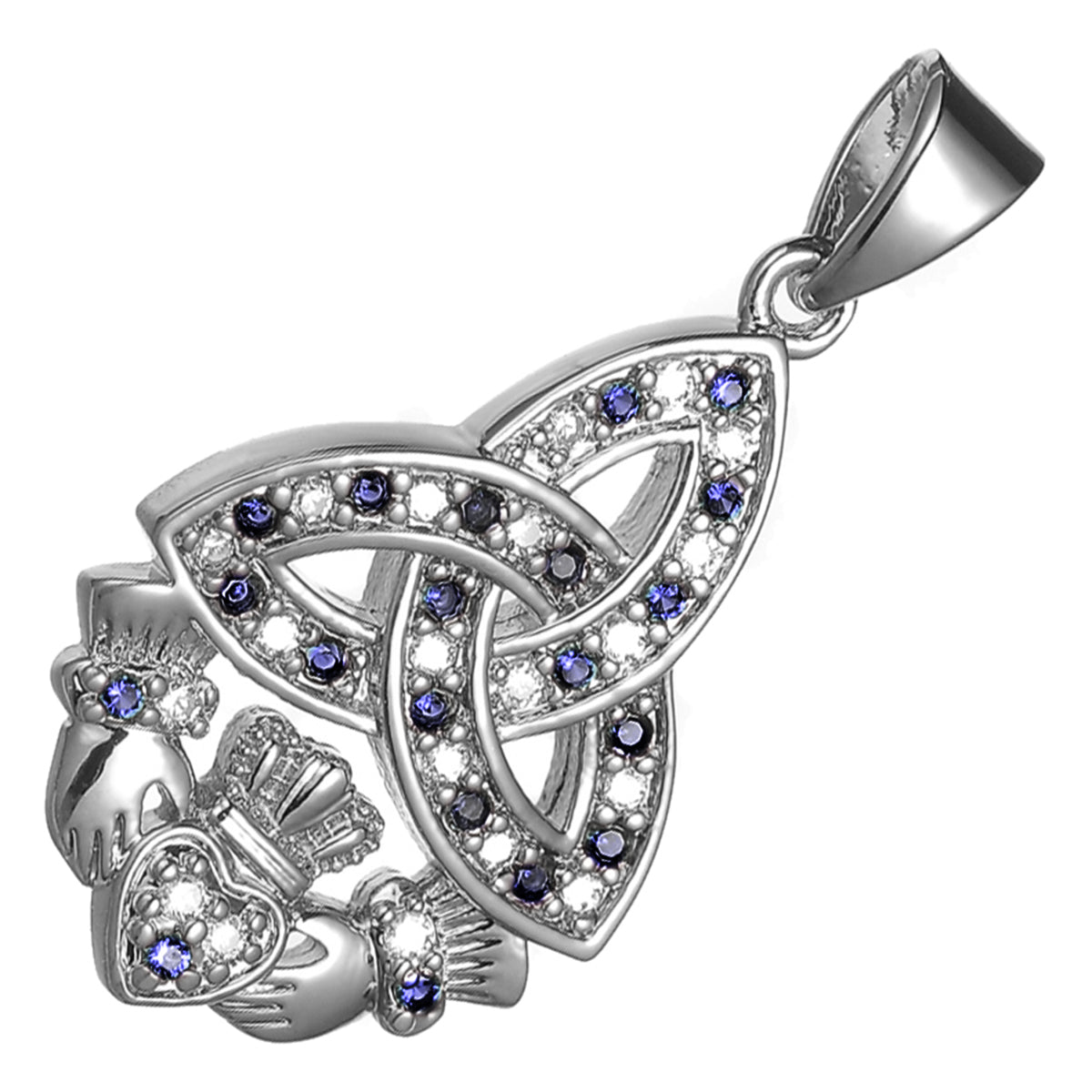 18K White Gold Coated Celtic Trinity Knot Claddagh Pendant Necklace with Zircon Stones