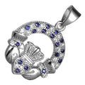18K White Gold Coated Claddagh Circle Pendant Necklace with Cubic Zirconia Stones