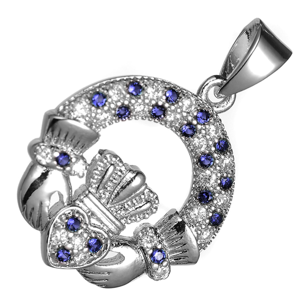 18K White Gold Coated Claddagh Circle Pendant Necklace with Cubic Zirconia Stones