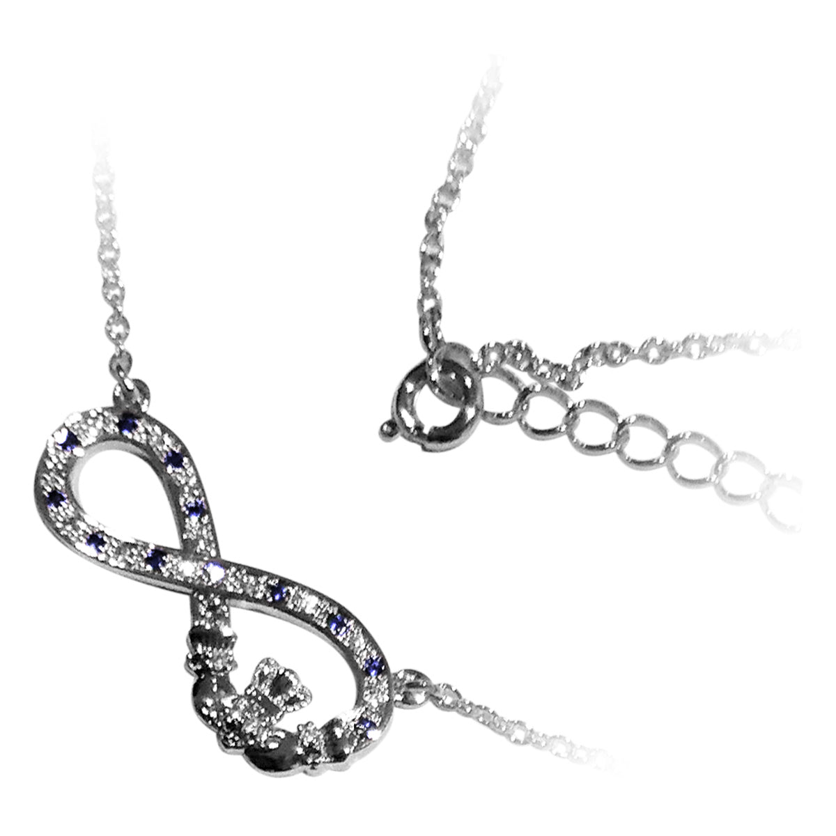 18K White Gold Coated Infinity Band Pendant Necklace with Claddagh and Cubic Zirconia Crystals