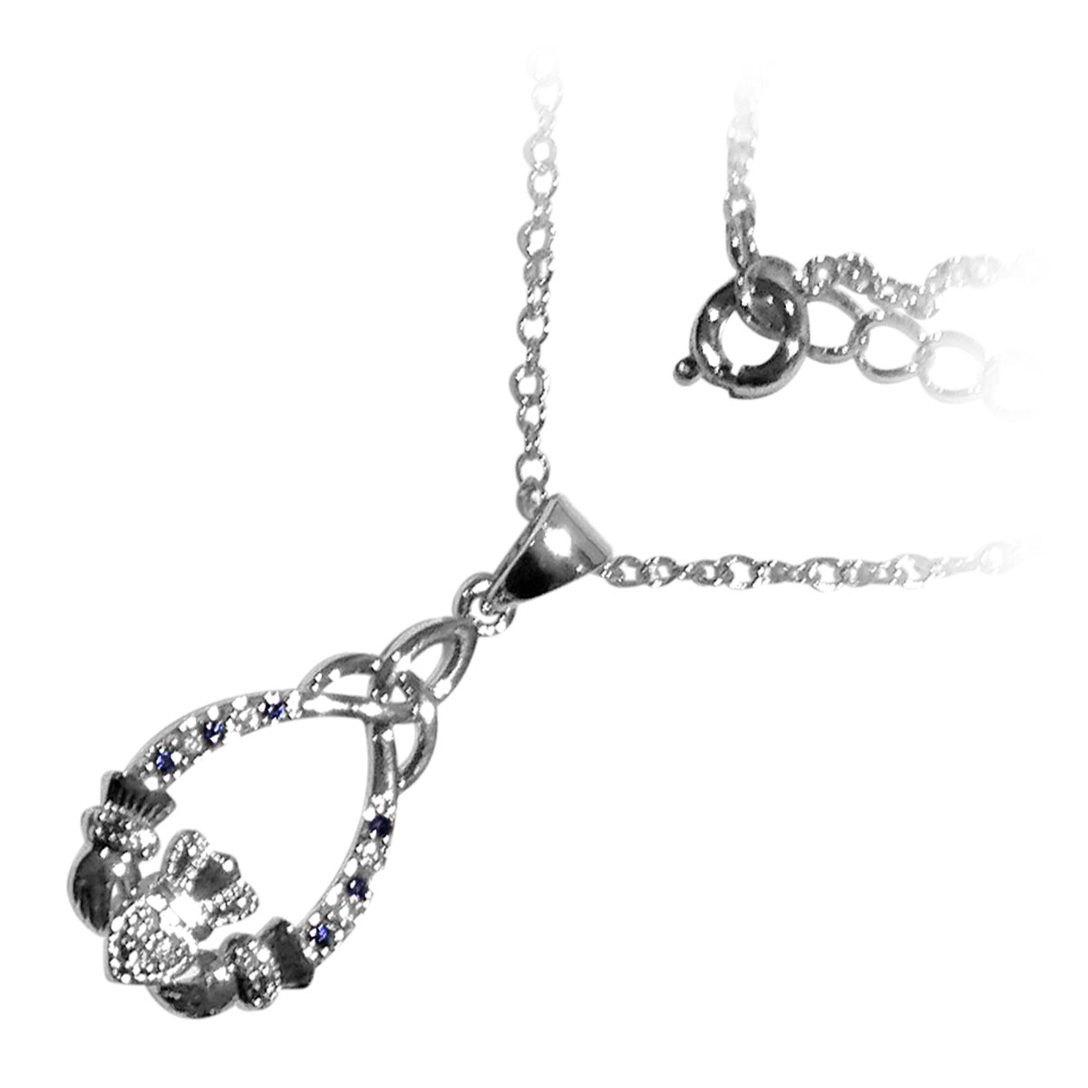 18K White Gold Coated Claddagh Pendant Necklace with CZ Stones and Celtic Trinity Knot