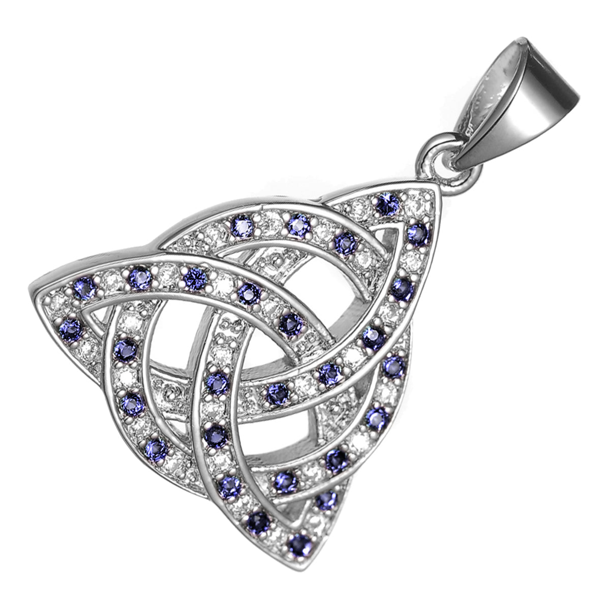 18K White Gold Coated Celtic Trinity Knot Pendant Necklace with Interlaced Circle and CZ Stones