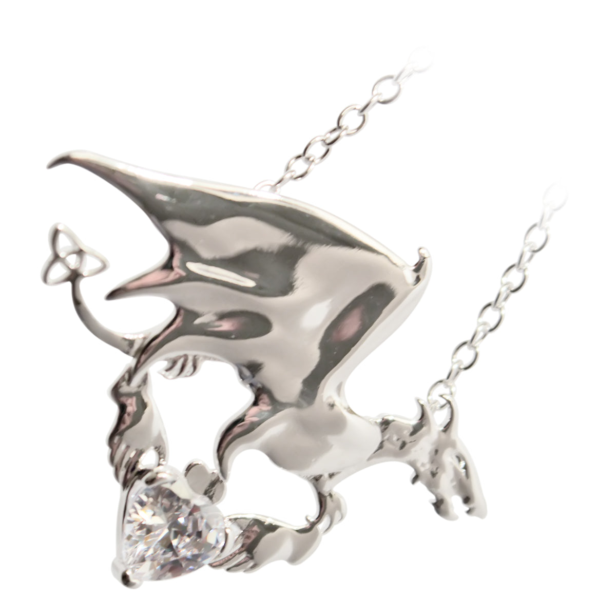 18K White Gold Coated Dragon Pendant Necklace with Stone Heart and Celtic Trinity Knot