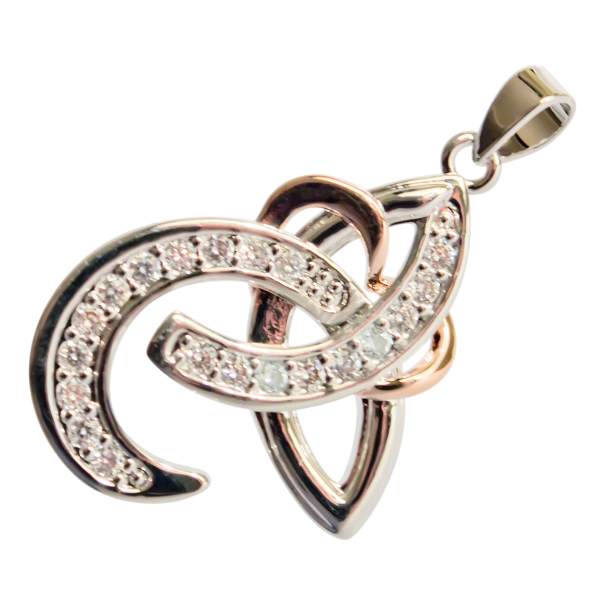 18K White Gold and Rose Gold Coated Celtic Trinity Knot Pendant Necklace with Stones
