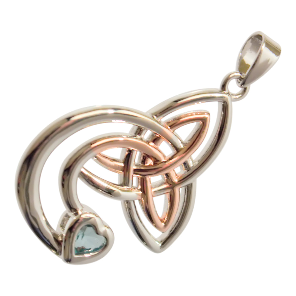 18K White and Rose Gold Coated Double Celtic Trinity Knot Pendant Necklace with Heart Stone