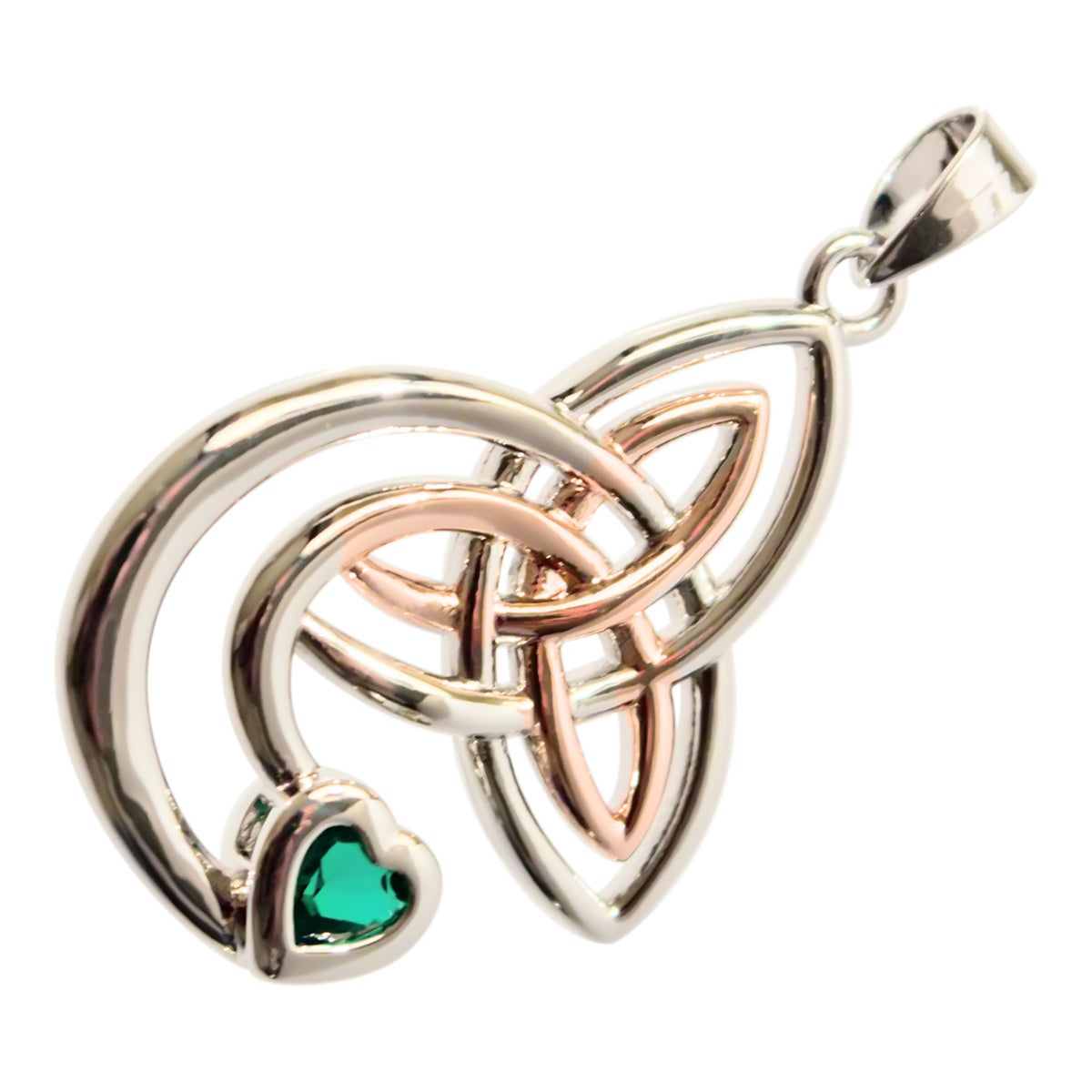 18K White and Rose Gold Coated Double Celtic Trinity Knot Pendant Necklace with Heart Stone