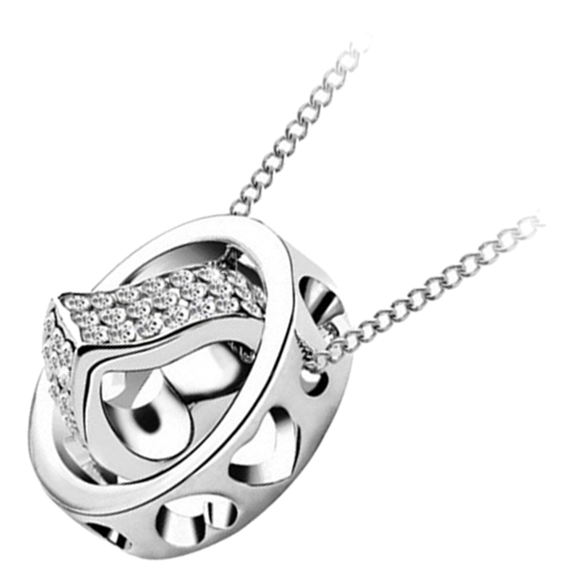 925 Sterling Silver Coated Heart Shaped Pendant Necklace with Crystals and Inside Heart Ring