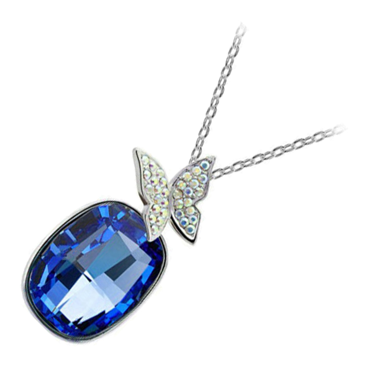 925 Sterling Silver Coated Pendant Necklace with Oval Crystal and Flying Butterfly