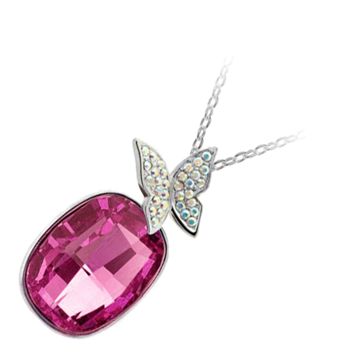 925 Sterling Silver Coated Pendant Necklace with Oval Crystal and Flying Butterfly