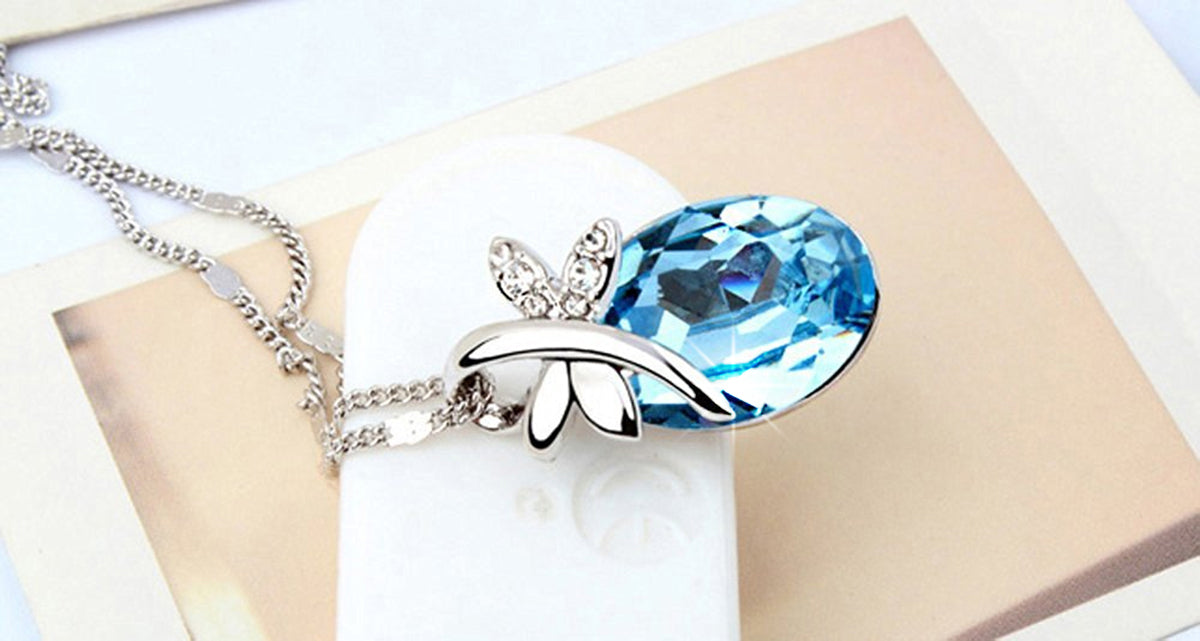 925 Sterling Silver Coated Pendant Necklace with Oval Crystal and Dragonfly Design - Aquamarine Sea Blue