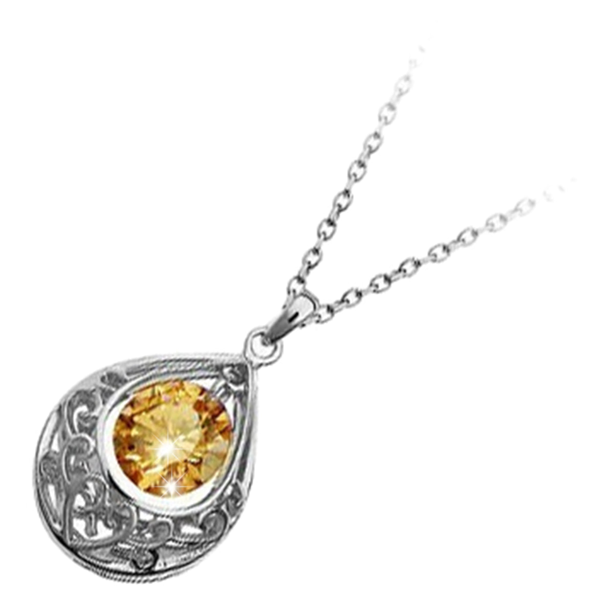 925 Sterling Silver Coated Teardrop Vintage Filigree Pendant Necklace with Round Zircon Stone