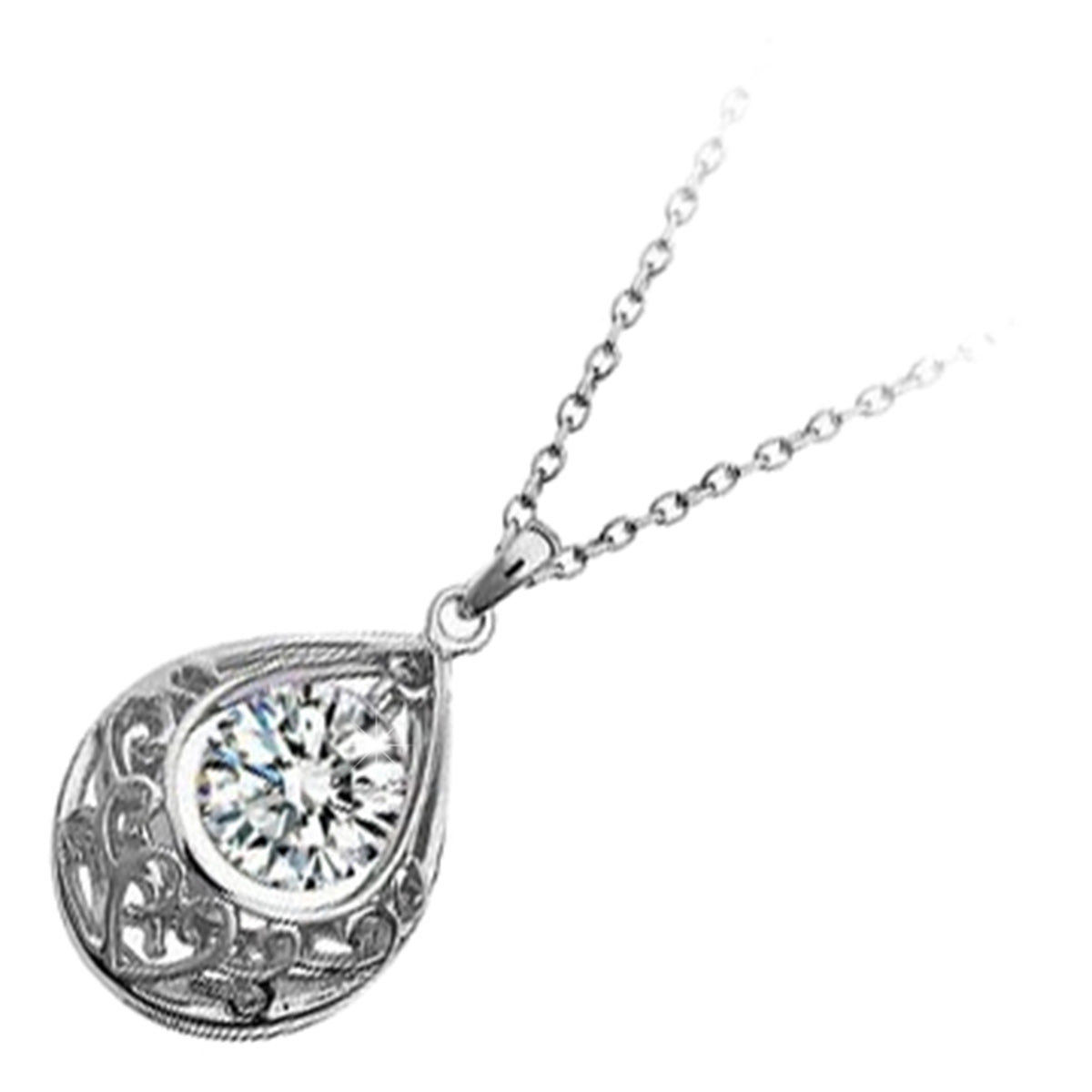 925 Sterling Silver Coated Teardrop Vintage Filigree Pendant Necklace with Round Zircon Stone