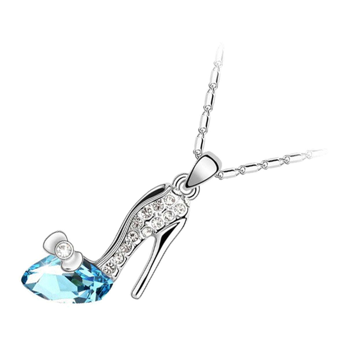 925 Sterling Silver Coated High-Heeled Festive Shoe Pendant Necklace with Crystal and Diamond Clear Stones
