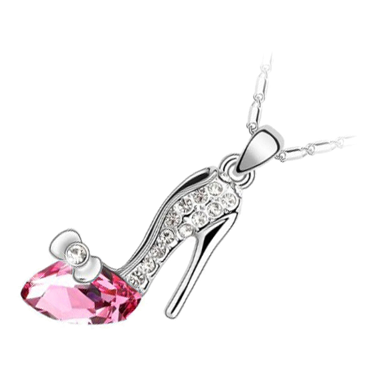 925 Sterling Silver Coated High-Heeled Festive Shoe Pendant Necklace with Crystal and Diamond Clear Stones