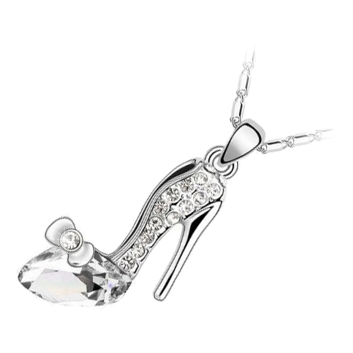925 Sterling Silver Coated High-Heeled Festive Shoe Pendant Necklace with Crystal and Diamond Clear Stones