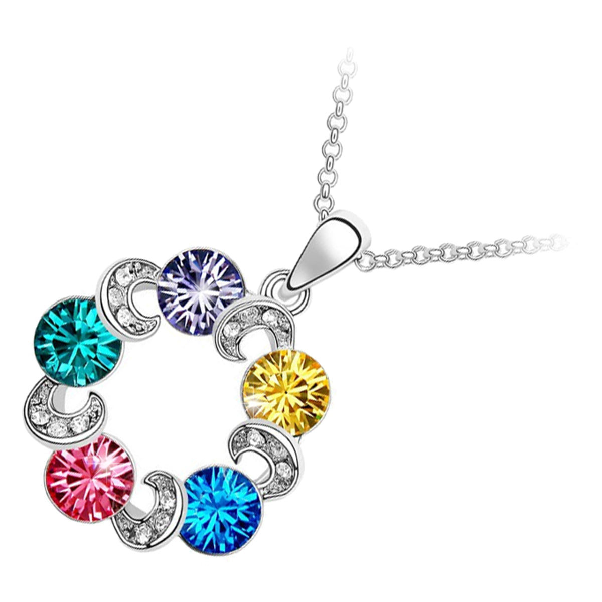 925 Sterling Silver Coated Pendant Necklace with Round Crystals and Stone-Embellished Intertwined Leaves - Multicolor