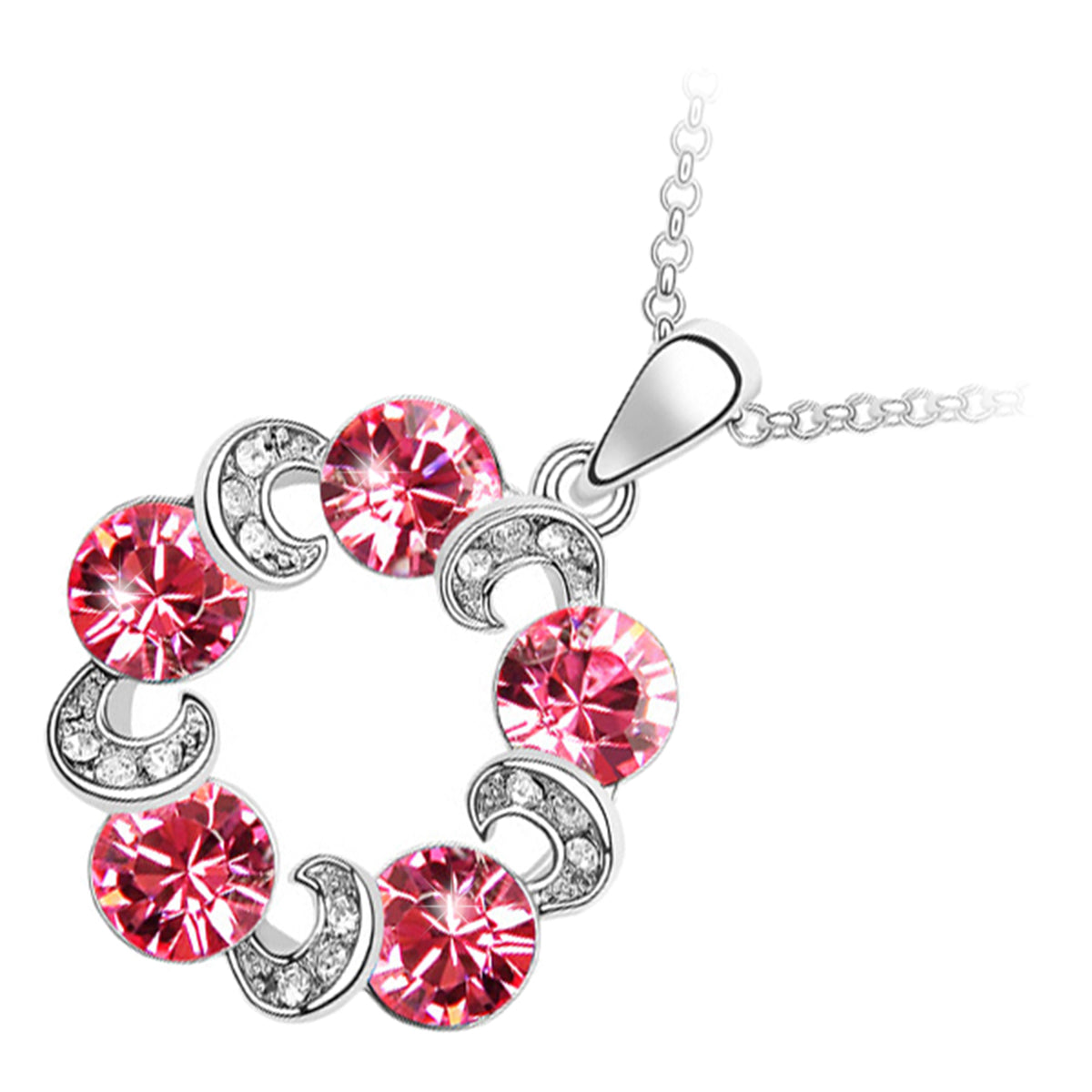 925 Sterling Silver Coated Pendant Necklace with Round Crystals and Stone-Embellished Intertwined Leaves