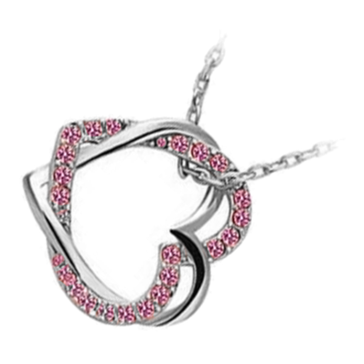 925 Sterling Silver Coated 2 Heart Pendant Necklace Adorned with Stones