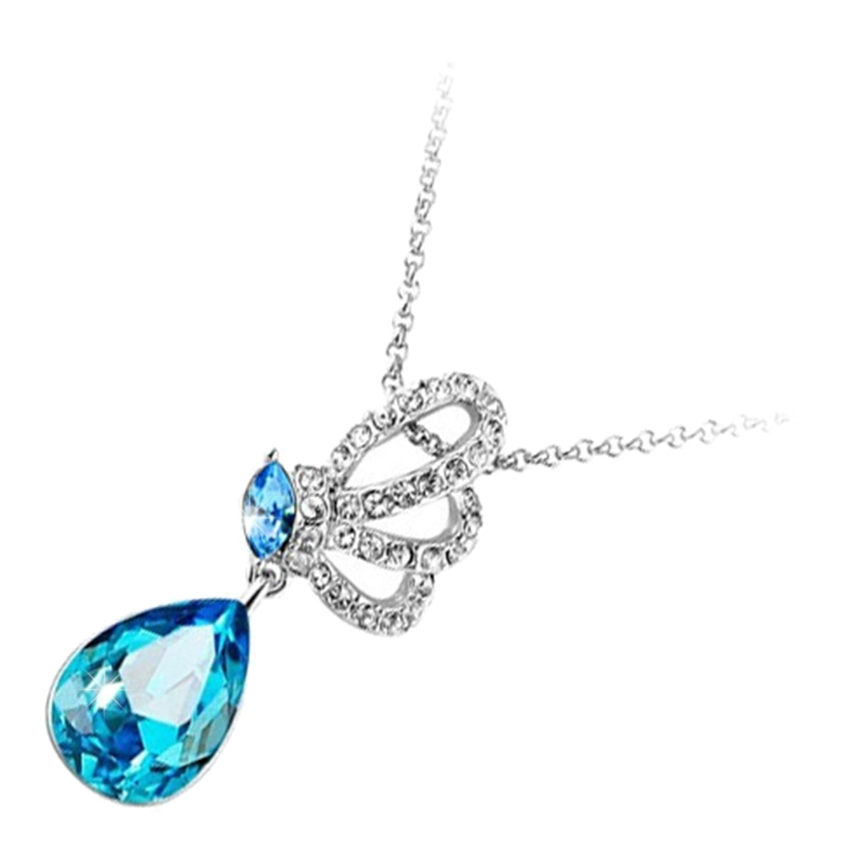 925 Sterling Silver Coated Teardrop Pendant Necklace with Sparkling Crystal and Butterfly Design