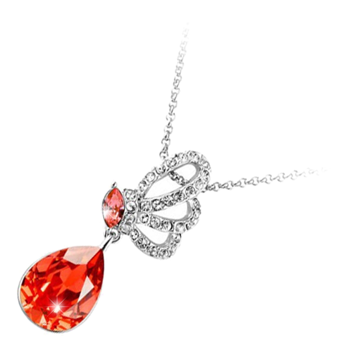 925 Sterling Silver Coated Teardrop Pendant Necklace with Sparkling Crystal and Butterfly Design