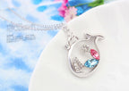 925 Sterling Silver Coated Pendant Necklace with Colourful Crystal Fishes and Stone-Adorned Tails Inside a Larger Fish - Turquoise Blue and Sapphire Rose