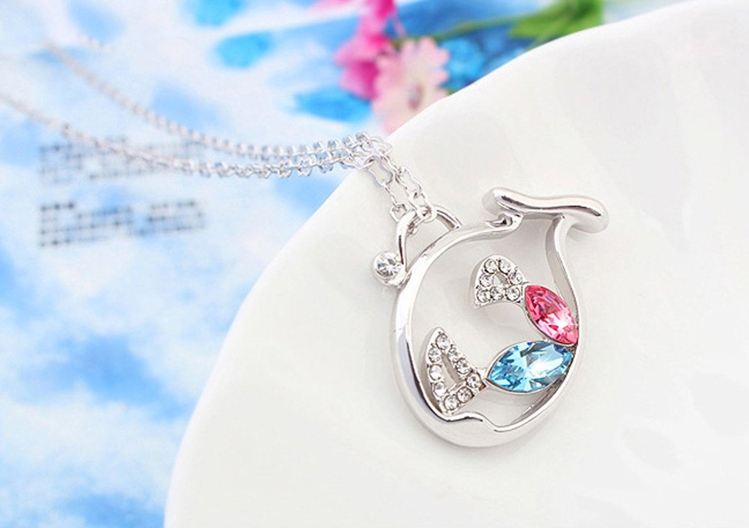 925 Sterling Silver Coated Pendant Necklace with Colourful Crystal Fishes and Stone-Adorned Tails Inside a Larger Fish - Turquoise Blue and Sapphire Rose