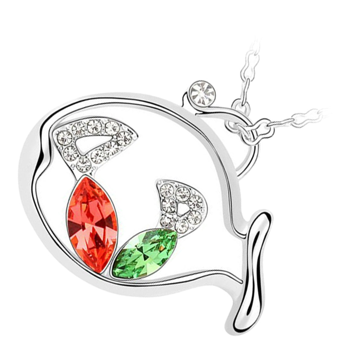 925 Sterling Silver Coated Pendant Necklace with Colourful Crystal Fishes and Stone-Adorned Tails Inside a Larger Fish