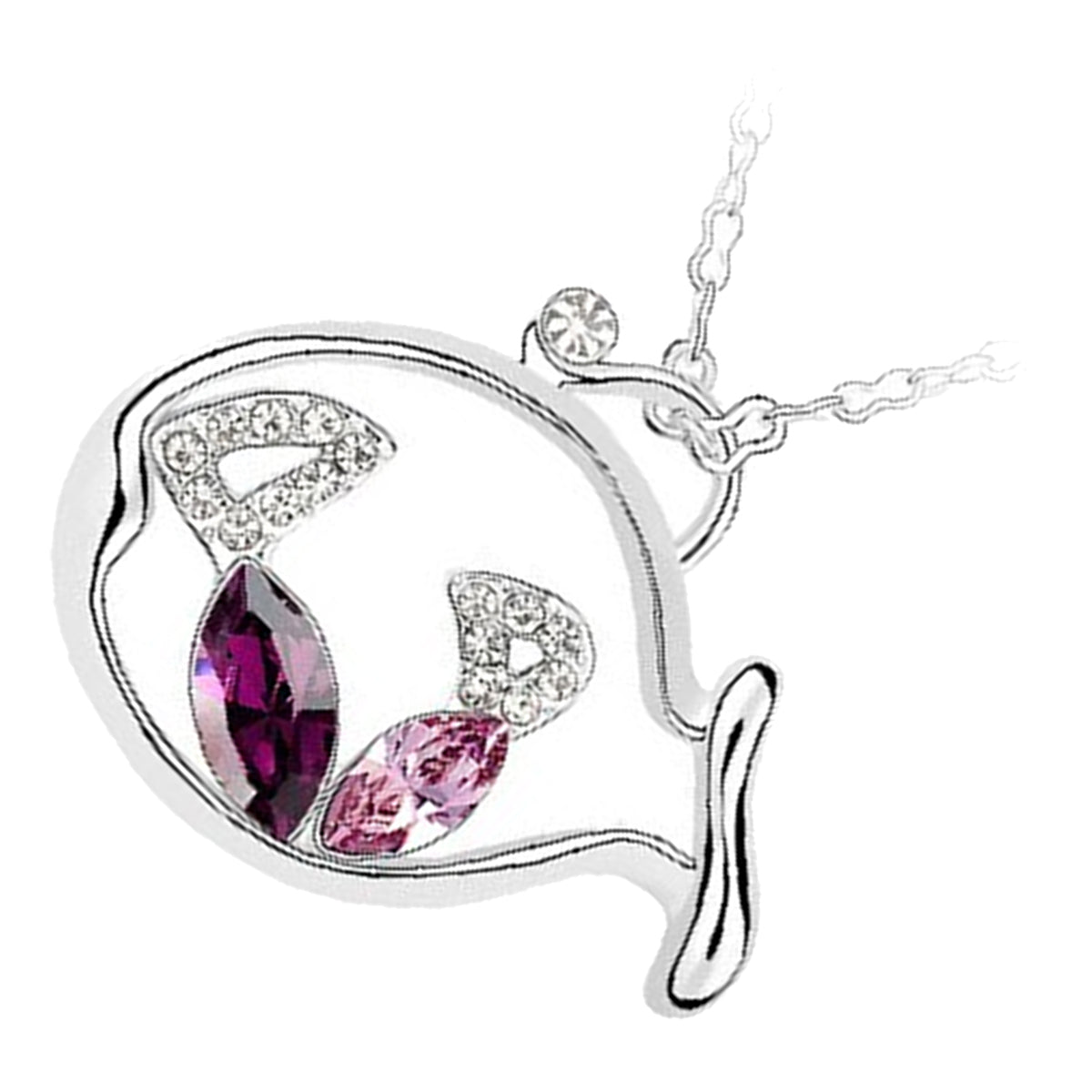 925 Sterling Silver Coated Pendant Necklace with Colourful Crystal Fishes and Stone-Adorned Tails Inside a Larger Fish