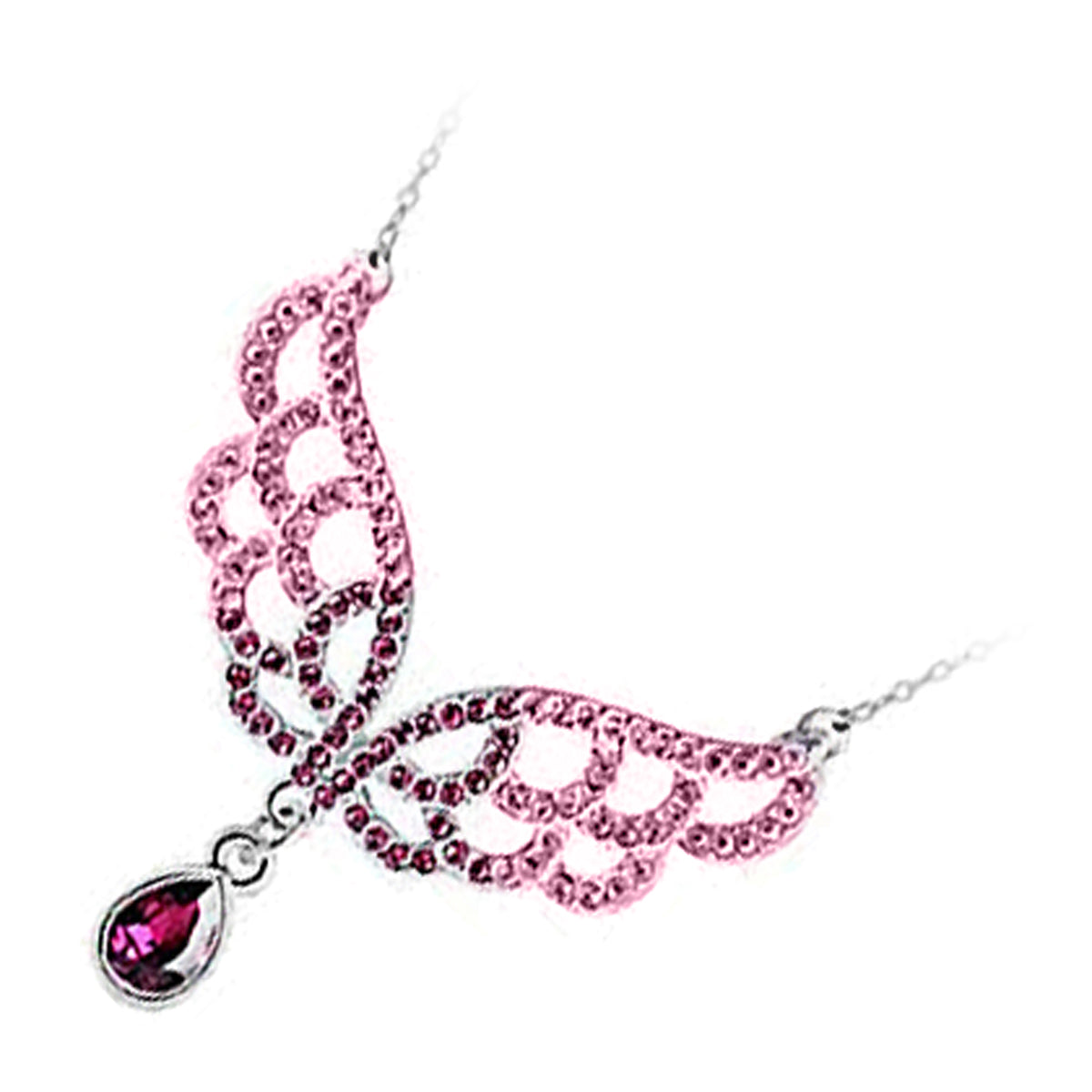 925 Sterling Silver Coated Angel Wings Pendant Necklace with Paved Stones and Teardrop CZ Crystal