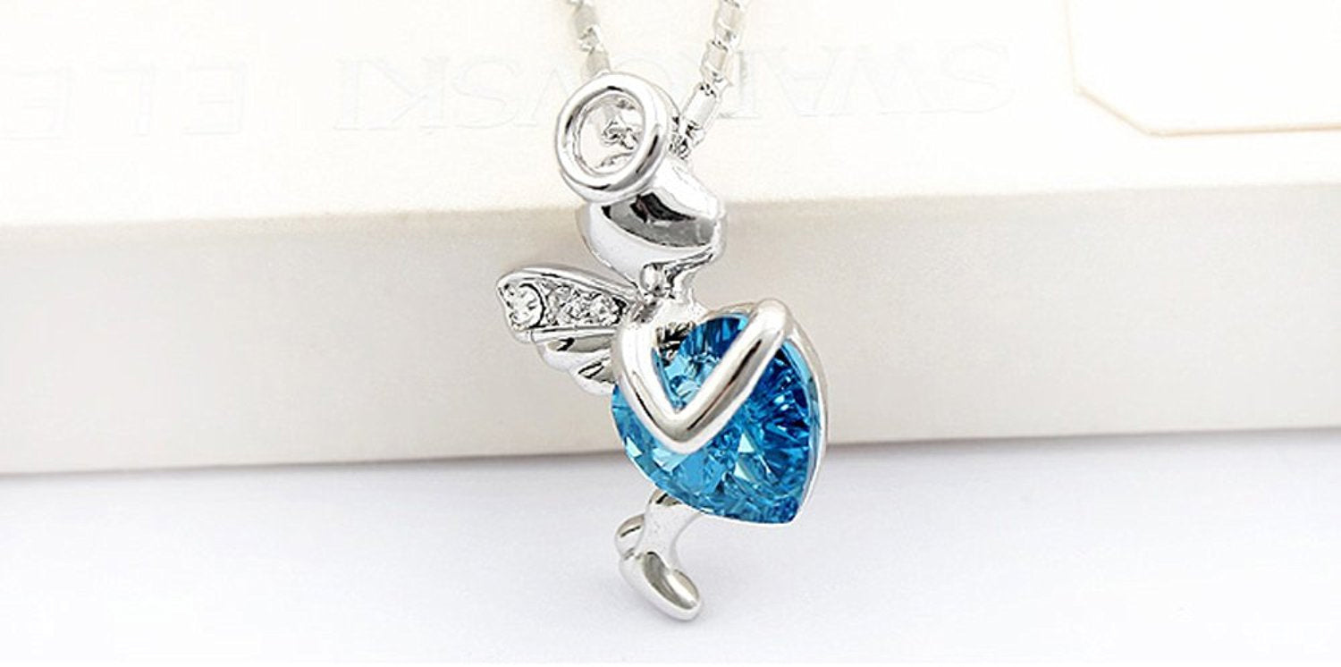 925 Sterling Silver Coated Cupid Heart Pendant Necklace with Flying Angel Design - Aquamarine Sea Blue