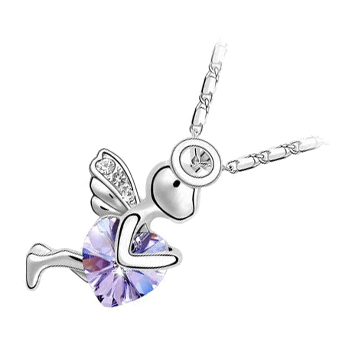 925 Sterling Silver Coated Cupid Heart Pendant Necklace with Flying Angel Design