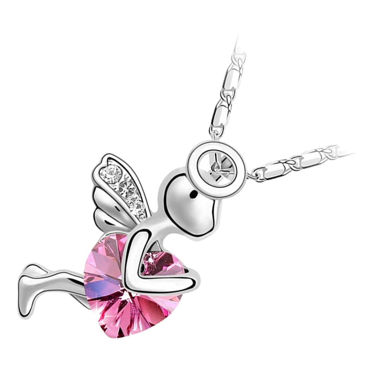 925 Sterling Silver Coated Cupid Heart Pendant Necklace with Flying Angel Design