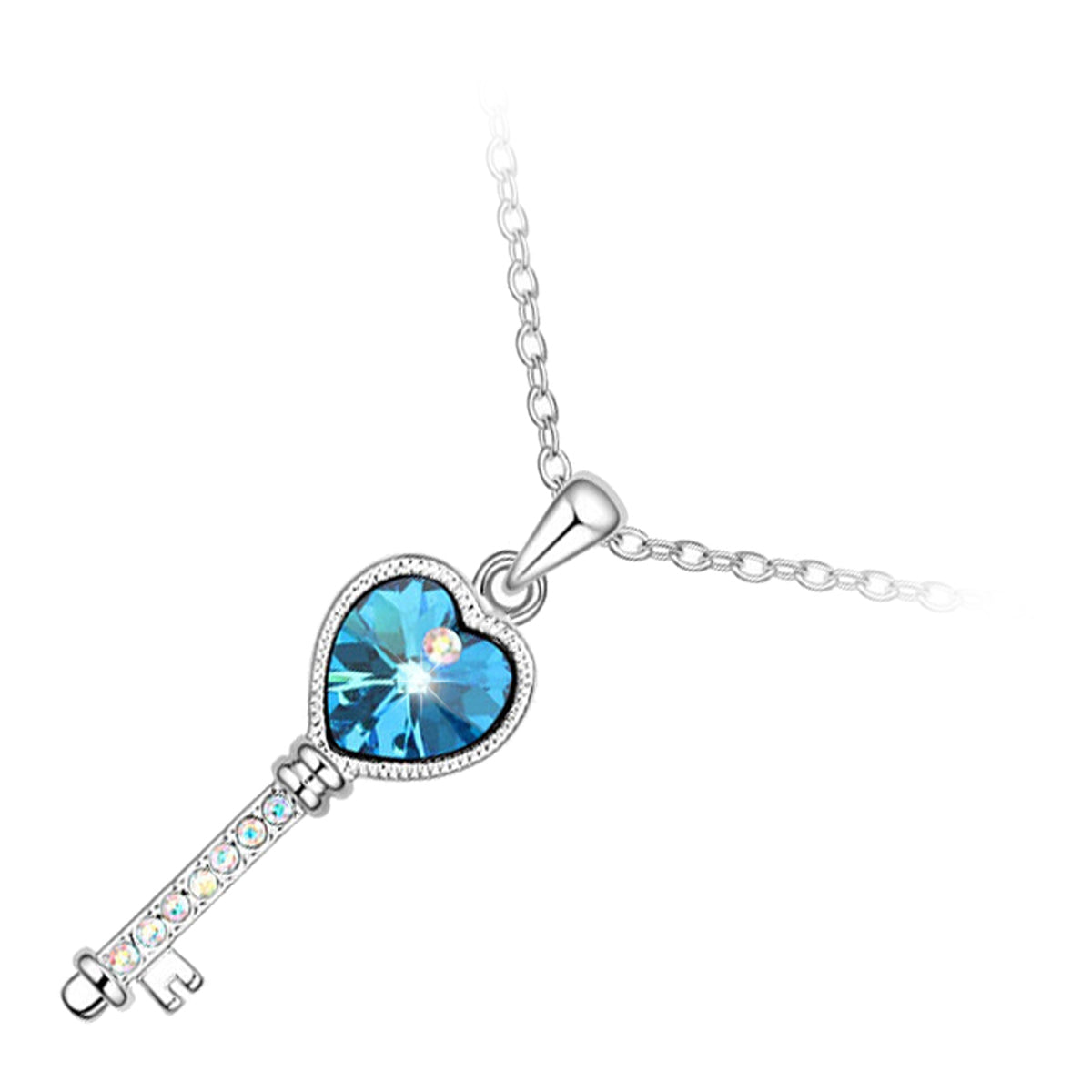 925 Sterling Silver Coated Love Key Pendant Necklace with Heart and Stone Accents