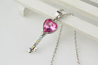 925 Sterling Silver Coated Love Key Pendant Necklace with Heart and Stone Accents - Sapphire Pink