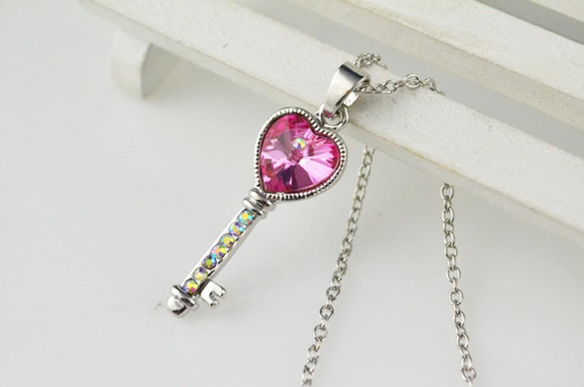 925 Sterling Silver Coated Love Key Pendant Necklace with Heart and Stone Accents - Sapphire Pink