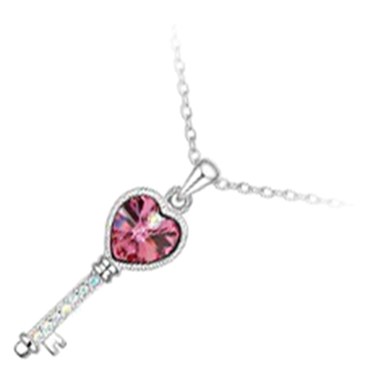 925 Sterling Silver Coated Love Key Pendant Necklace with Heart and Stone Accents - Sapphire Pink