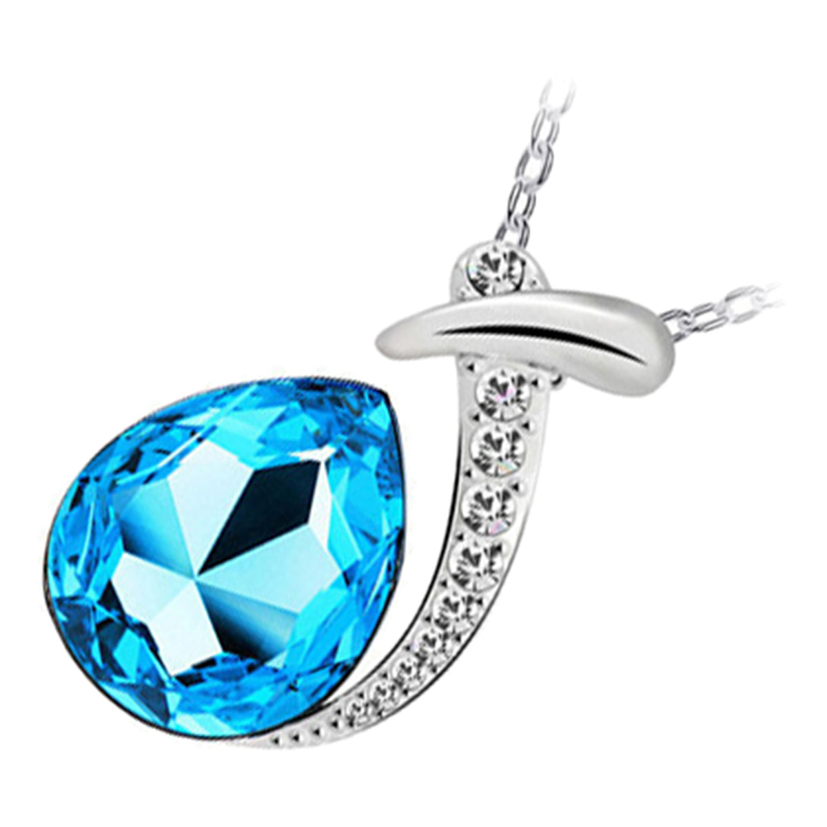 925 Sterling Silver Coated Water Drop Crystal Pendant Necklace with Stone-Paved Band