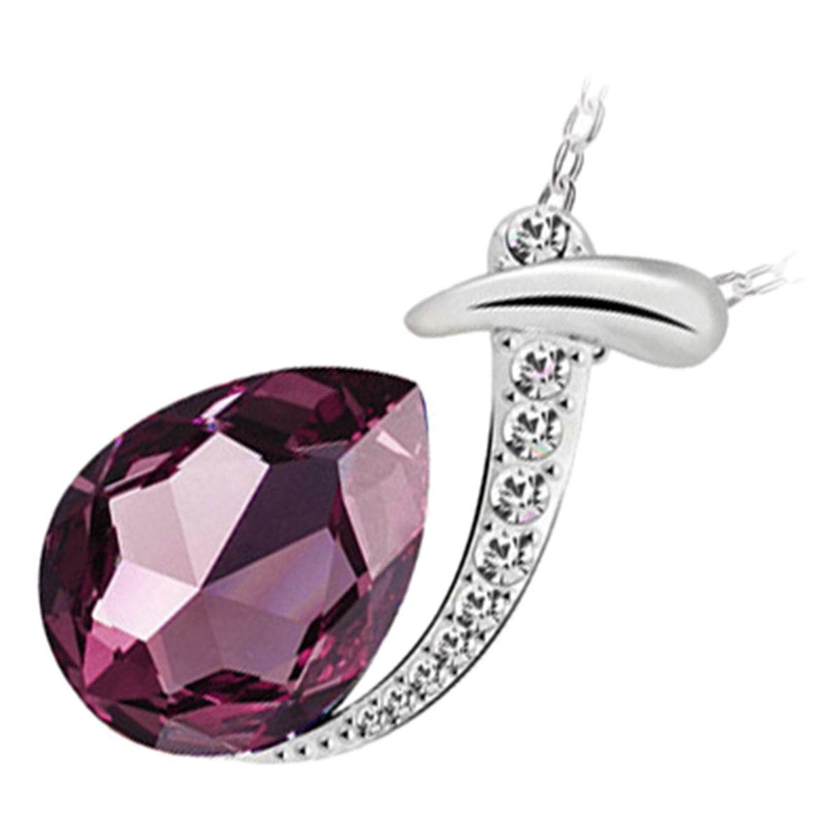 925 Sterling Silver Coated Water Drop Crystal Pendant Necklace with Stone-Paved Band