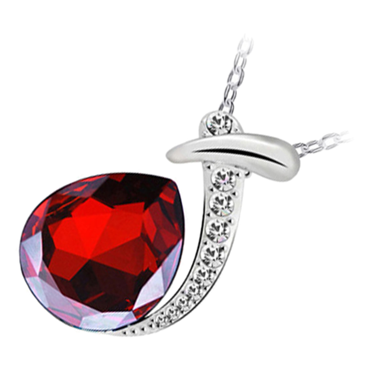 925 Sterling Silver Coated Water Drop Crystal Pendant Necklace with Stone-Paved Band