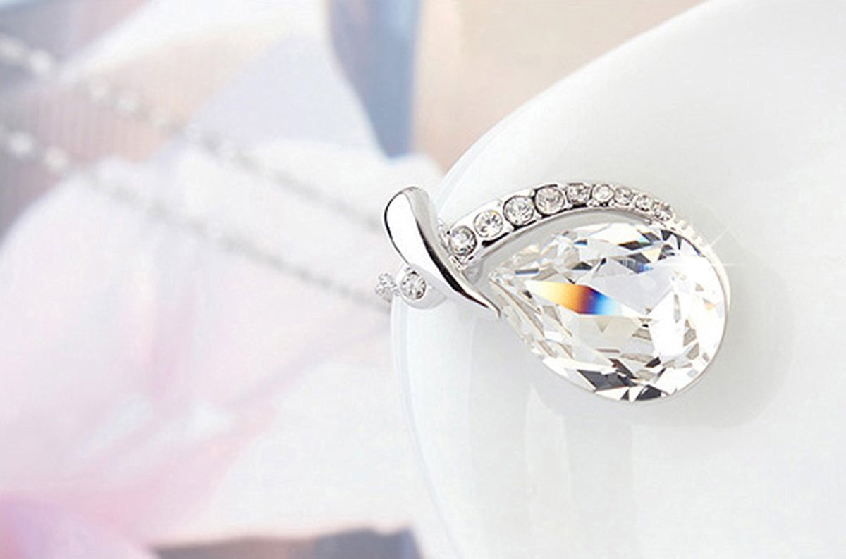 925 Sterling Silver Coated Water Drop Crystal Pendant Necklace with Stone-Paved Band - Diamond Clear