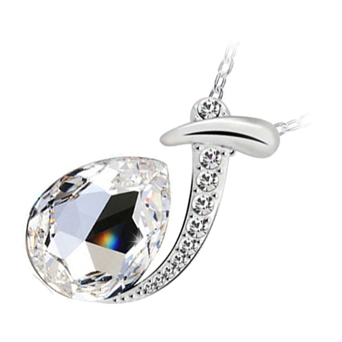 925 Sterling Silver Coated Water Drop Crystal Pendant Necklace with Stone-Paved Band