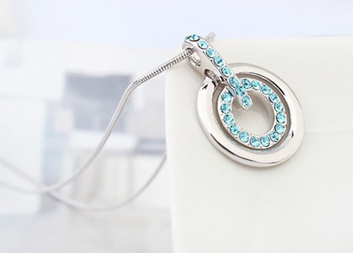 925 Sterling Silver Coated Circle Pendant Necklace with Multilayer Design and Crystal Accents - Turquoise Blue